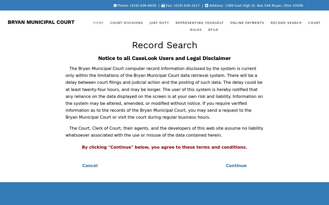 Williams County court docket search CaseLook record-search disclaimer
