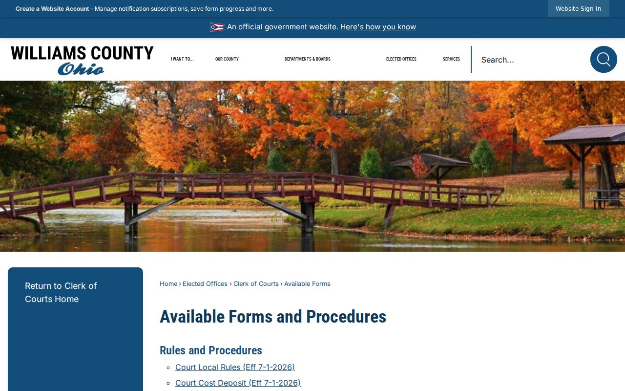 Williams County court records clerk forms and policy links