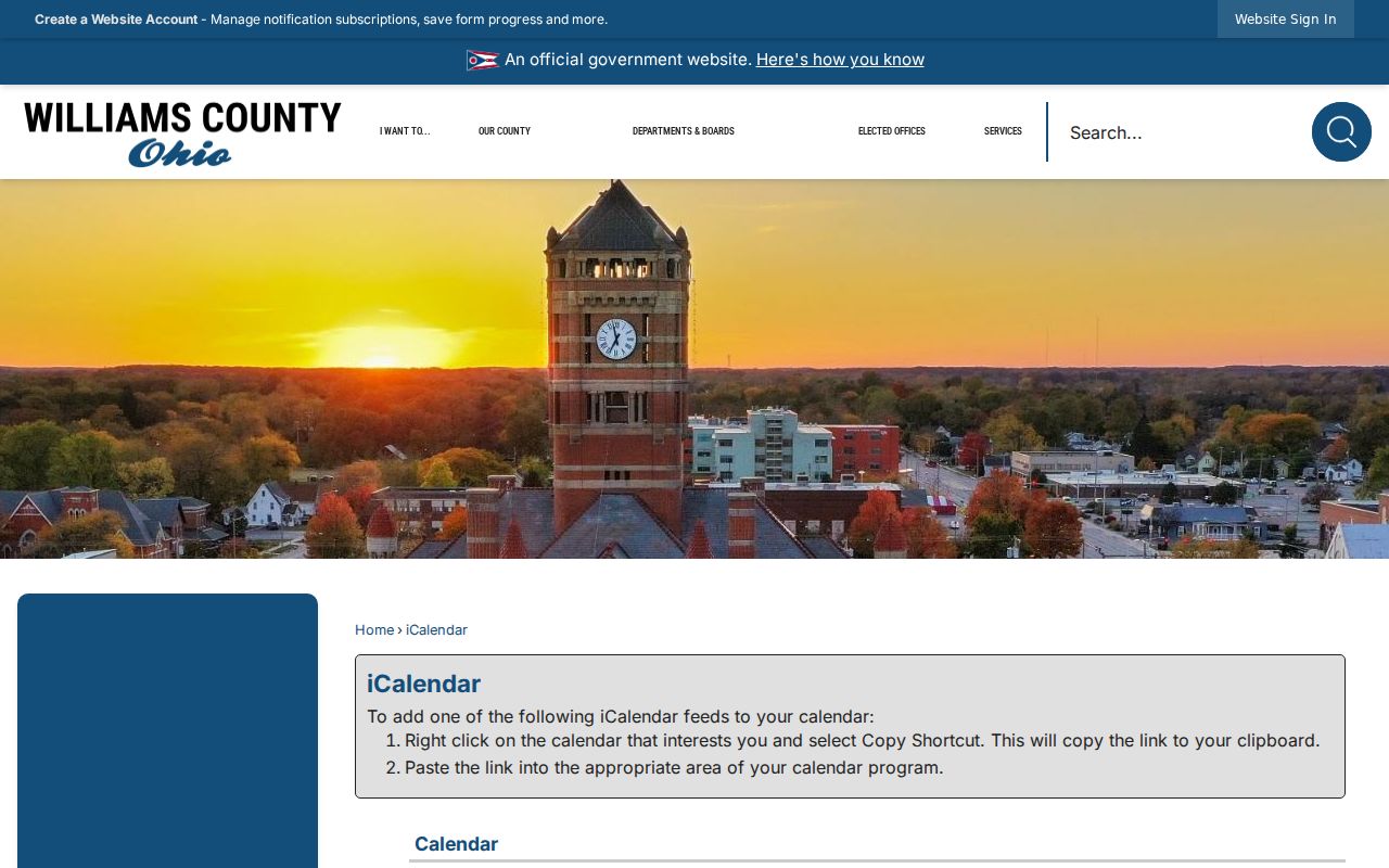 Williams County court calendar iCalendar subscription interface