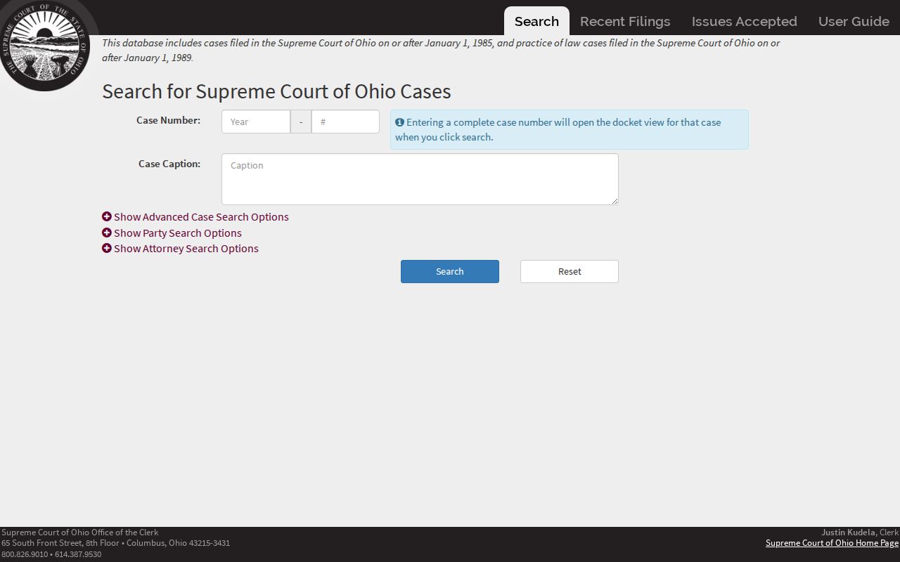 Williams County court docket search context on the Ohio Supreme Court ECMS record search