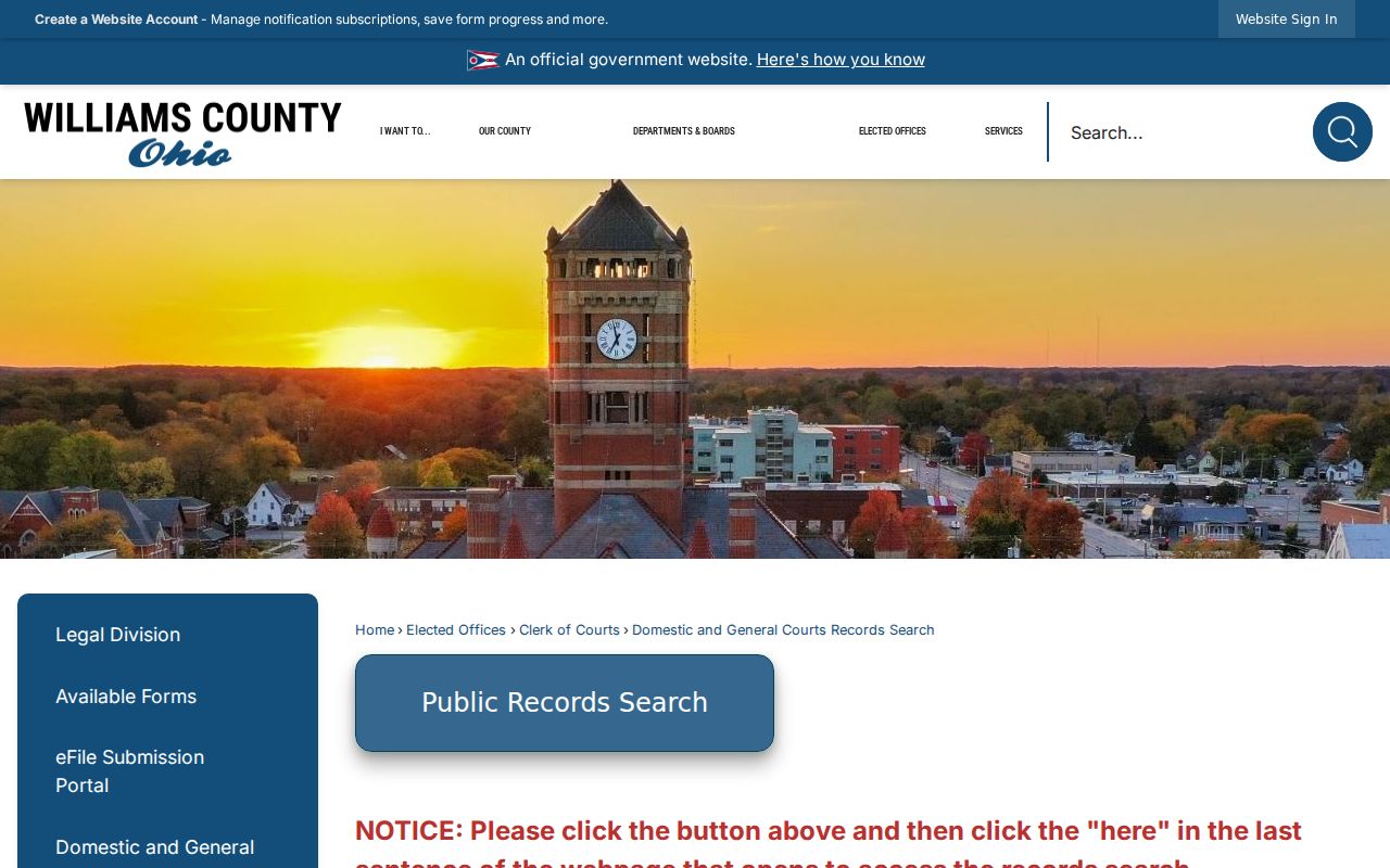 Williams County court docket record search entry page for Common Pleas case information